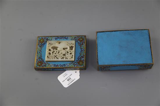 A 19th century Chinese rectangular cloisonne enamel box, mounted with a 17th/18th century white jade plaque, 10.3 x 9cm, height 6.5cm,